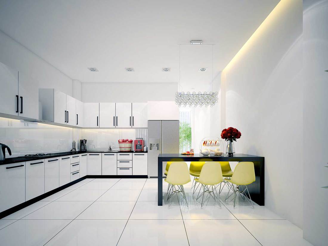 Modern contemporary white Kitchen with dining