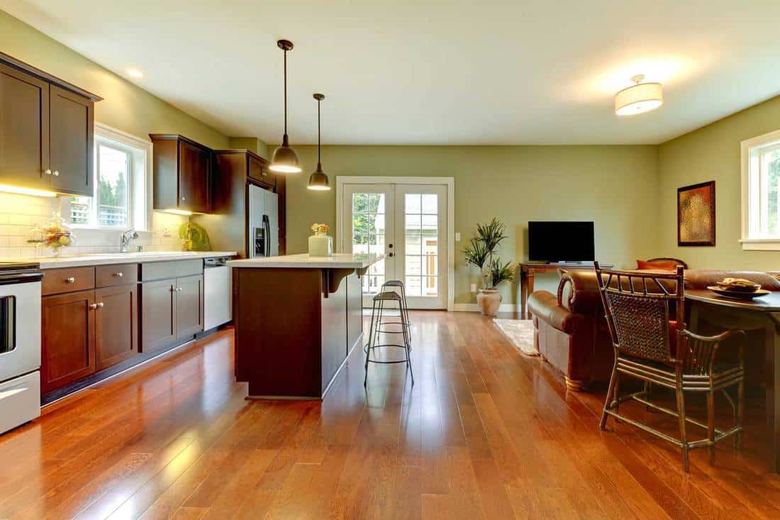 Modern new brown kitchen with cherry floor and living room