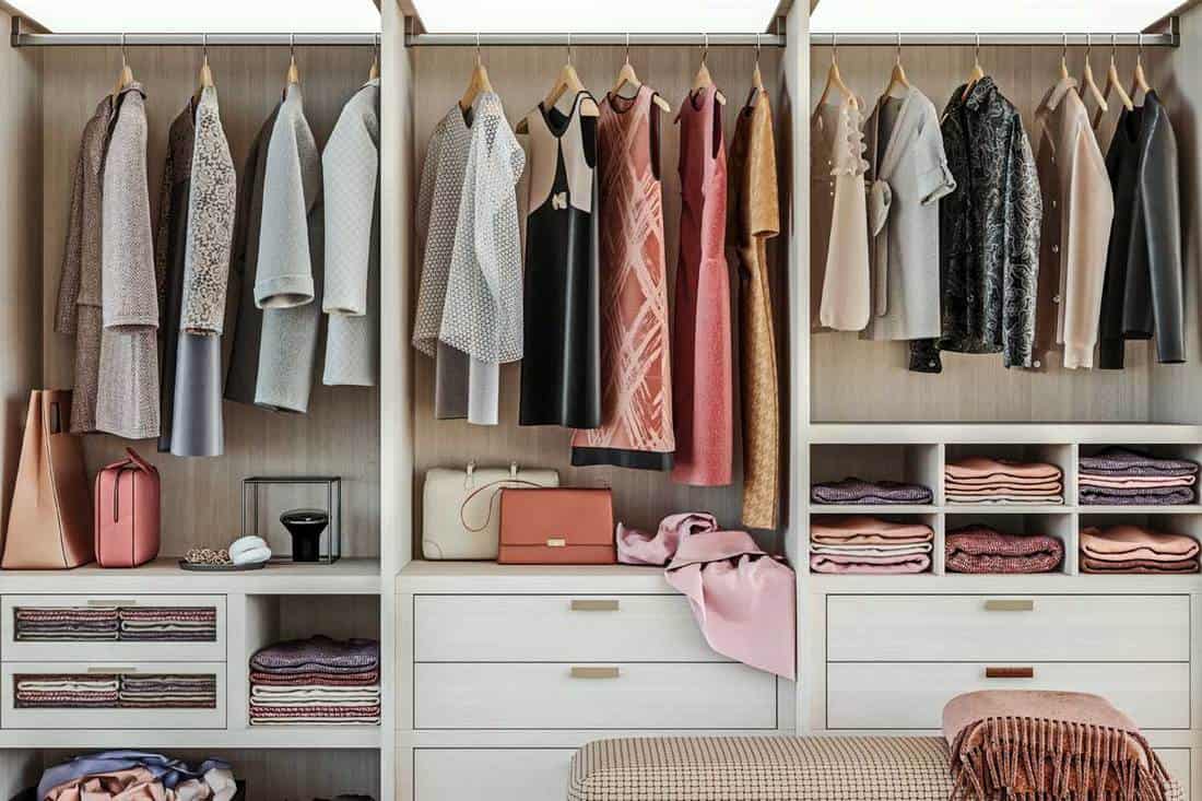Modern wooden wardrobe with women clothes hanging on rail in walk in closet design interior, 15 Types Of Storage Furniture You Need To Know About