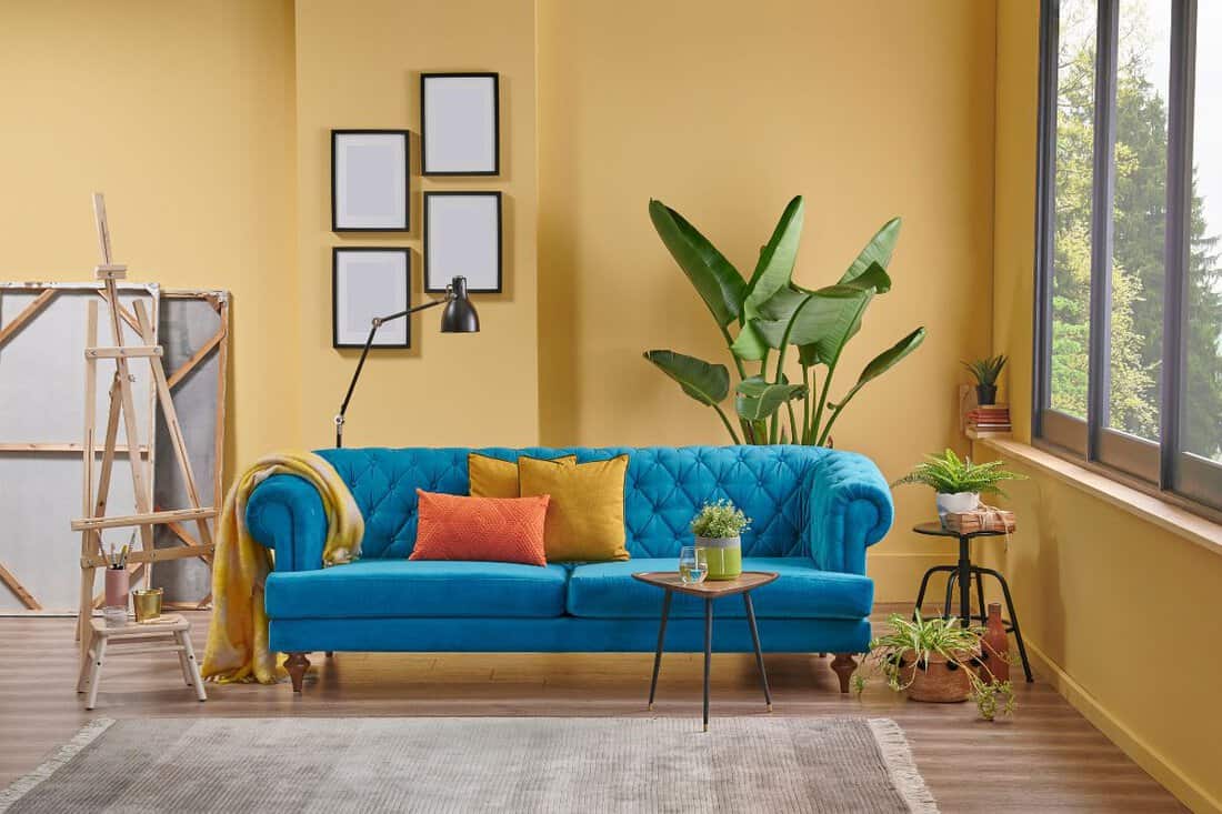 Modern yellow room with blue classic sofa and easel paint decor interior style.