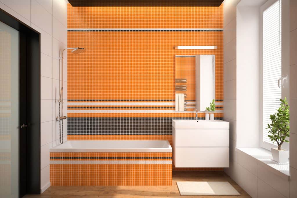 Narrow and modern bathroom with an orange tiled accent wall with a small vanity section and indoor plants
