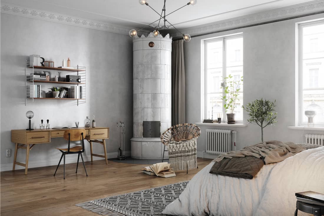 Neo-Victoriana, room in white-grey, antique furniture, and paired it with modern lighting