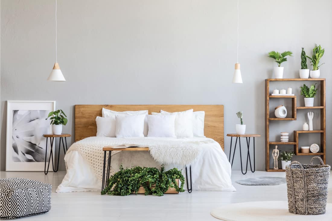Pouf et panier à motifs dans une chambre lumineuse avec lampes, plantes et affiche à côté du lit.  Chambre blanche délicate avec des plantes d'intérieur