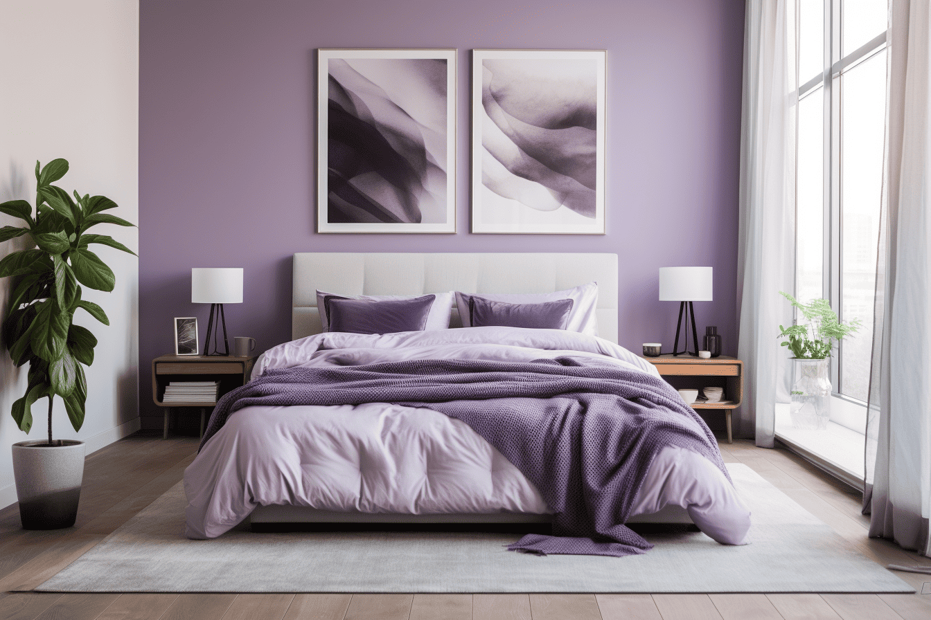 photo of an elegant bedroom with a white comforter paired with deep purple or lavender sheets, creating a regal and soothing atmosphere