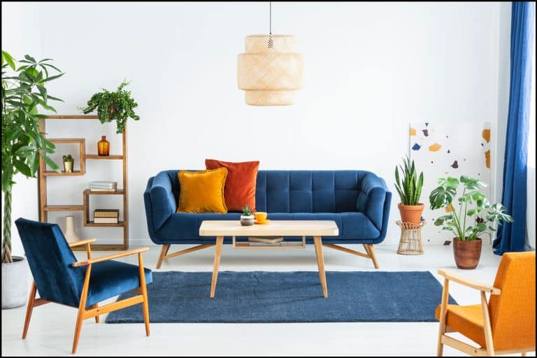 Retro armchairs with wooden frame and colorful pillows on a navy blue sofa in a vibrant living room interior with green plants, What Color Chairs With Blue Sofa?