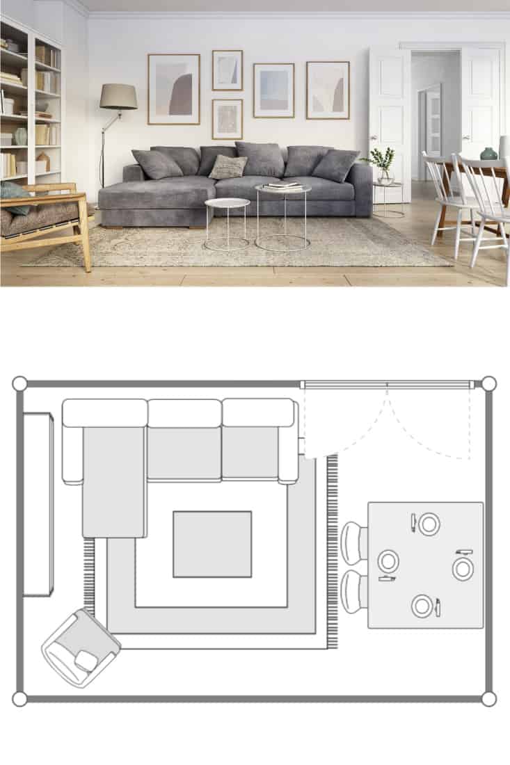 Salon de design d'intérieur scandinave avec des meubles de couleur grise et marron et des éléments en bois