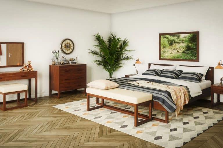 Scandinavian master bedroom interior design, with all furniture pieces manufactured from solid oak, What Color Bedding Goes With Oak Furniture? [6 Options Explored]