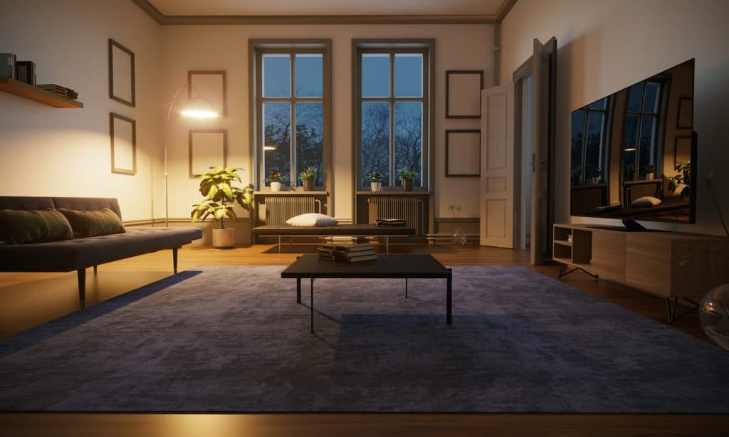 Scandinavian style and minimalist designed living room interior scene in the evening