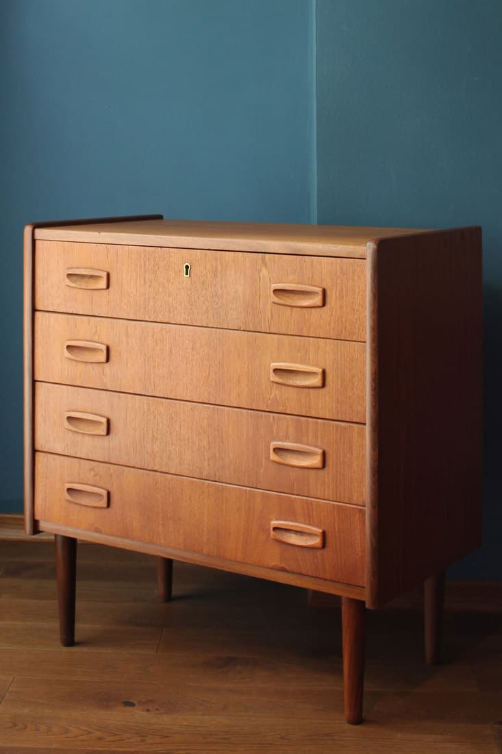 Scandinavian style, cabinet, shelfs, drawers, teak wood, teak venner, retro styl