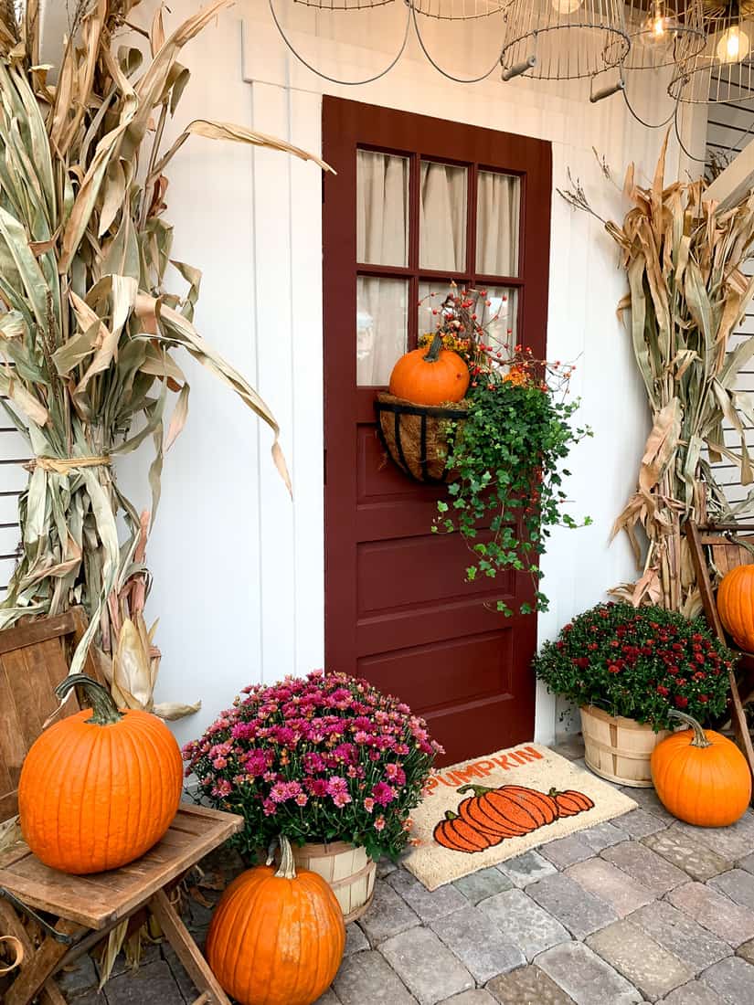 Seasonal fall holiday decorating. Front door autumn decor.