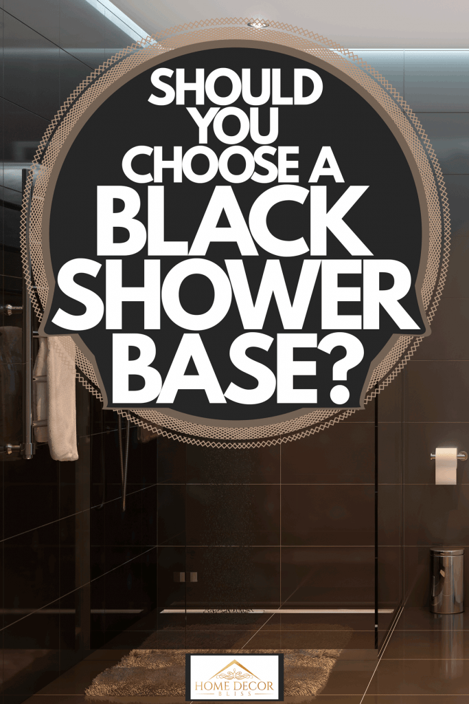 Intérieur luxueux d'une salle de bains moderne avec des murs carrelés gris foncé, une douche luxueuse et un meuble-lavabo à thème minimaliste, Devriez-vous choisir une base de douche noire ?