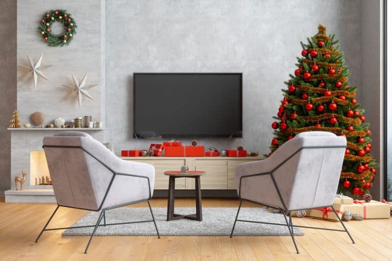 Smart Tv Mockup With Blank Screen In Modern Living Room With Armchairs, Christmas Tree And Gift Boxes, 11 Living Rooms Without A Sofa That You Need To See