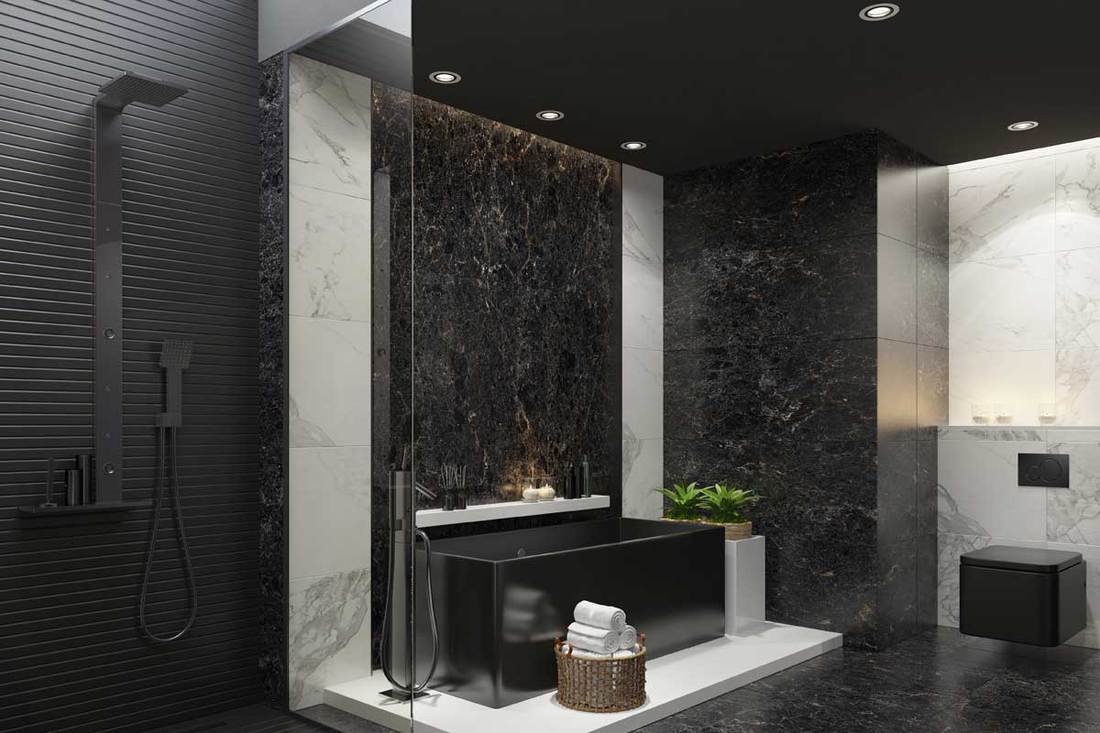 Trendy and modern home spa bathroom with matte black and white marble tiles, black stone wall in bath and stove light, Black Bathroom Fixtures Advantages And Disadvantages