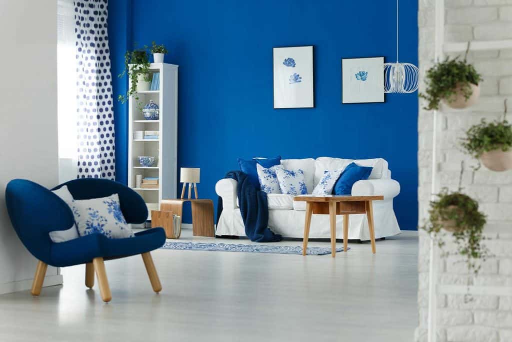 Trendy blue and white living room interior design