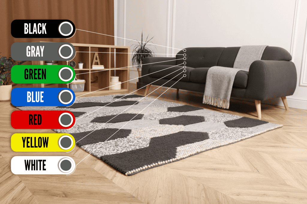 Patterned rug inside a modern light rustic themed living room with black sofa, What Color Couch Goes With Gray Carpet? [7 Excellent Colors]