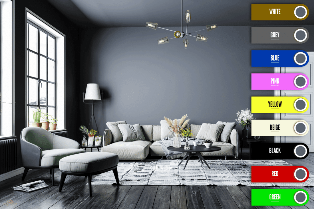 Modern interior design, in a spacious room, next to a table with flowers against a gray wall, What Color Couch Goes With Grey Floors? [A Complete Guide]