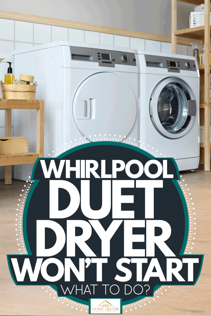 Two white duet dryers inside a laundry room, Two white duet dryers inside a laundry room