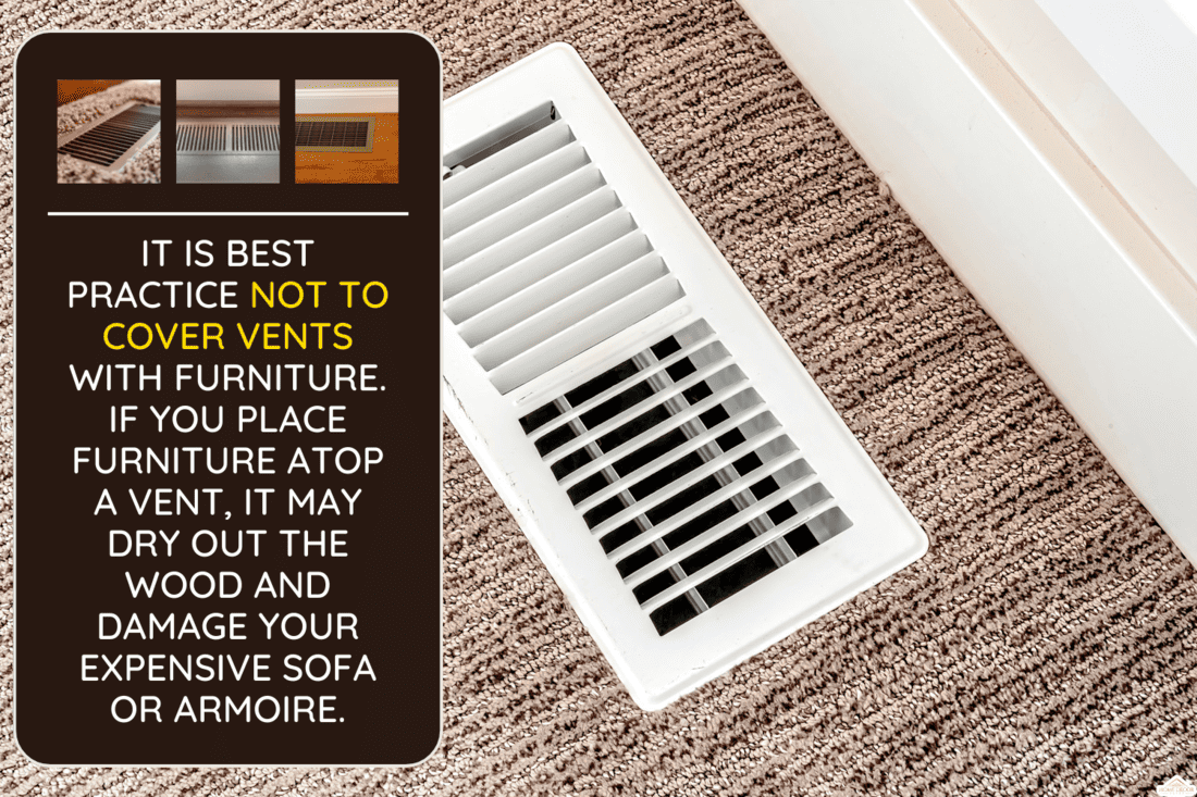 White air conditioner duct grille cover against floor with brown carpet, Can You Cover A Vent With Furniture