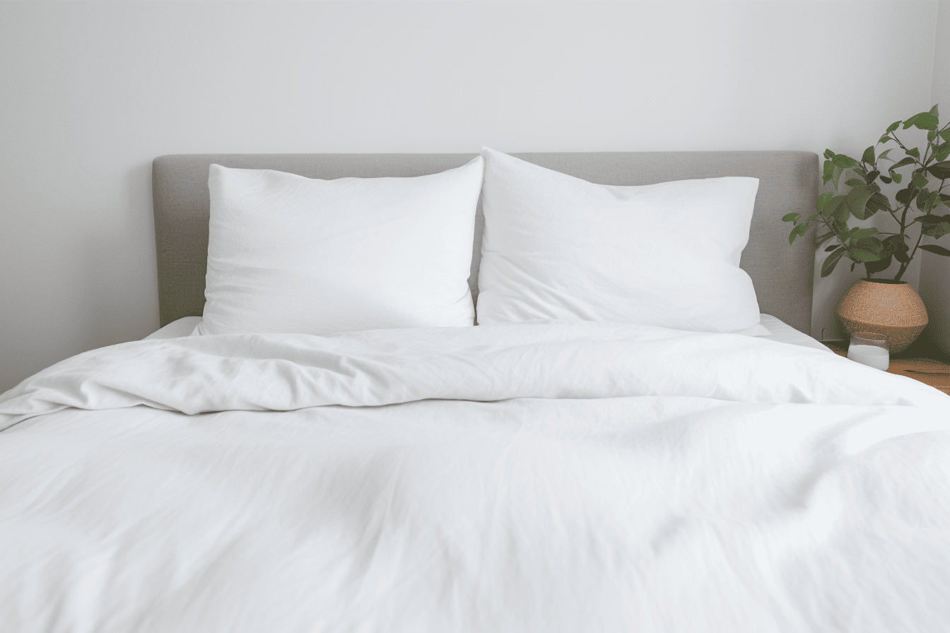 photo of a bedroom featuring a white comforter paired with crisp white sheets, exuding a clean, minimalistic aesthetic, with subtle textures to enhance the simple elegance