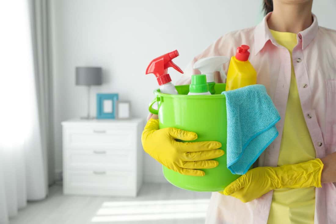 Woman holding bucket with different cleaning supplies at home, closeup. Space for text.