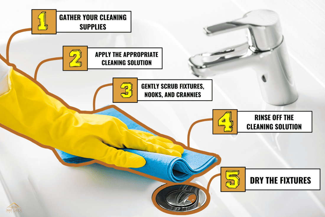 Woman maid or charwoman cleaning modern new basin in bathroom, water tap clean using yellow gloves and blue cloth. - How To Clean Brushed Nickel