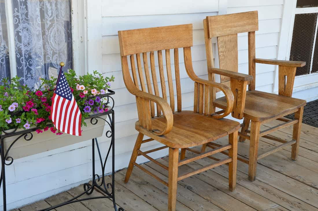 Wooden chairs on porch, Americana style porch