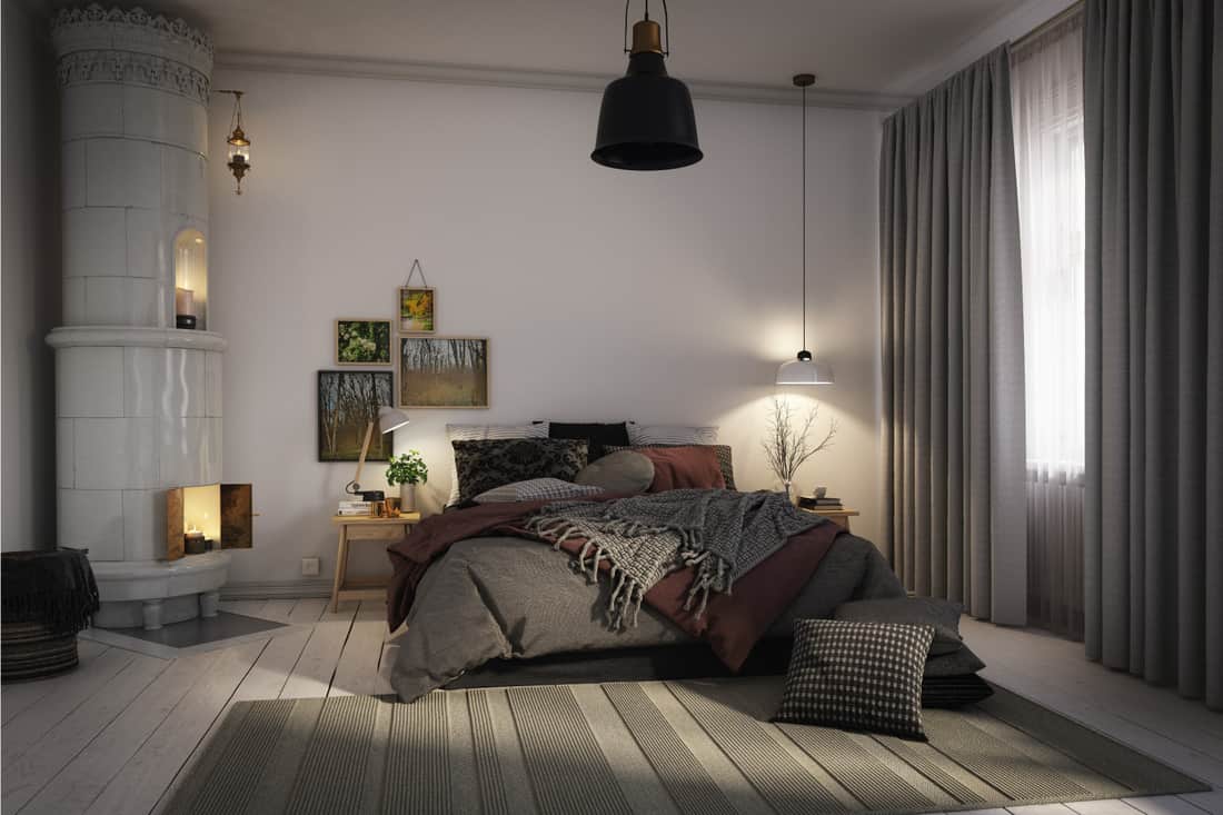 Intérieur de chambre confortable de style scandinave avec rideaux occultants