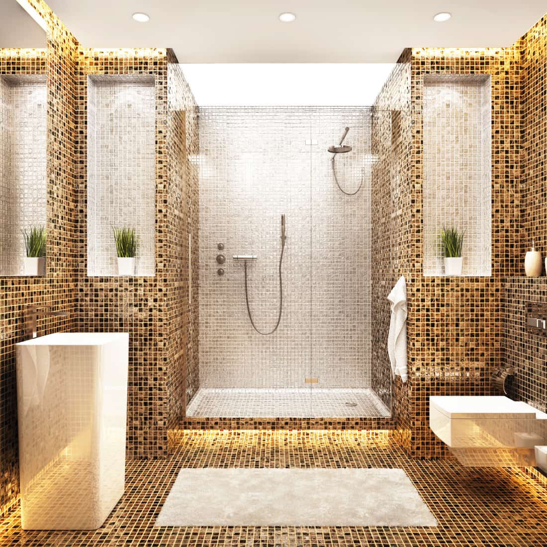 Gold mosaic bathroom floor and wall tiles