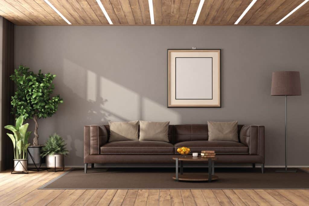 living room with brown leather sofa, large windows, indoor plants