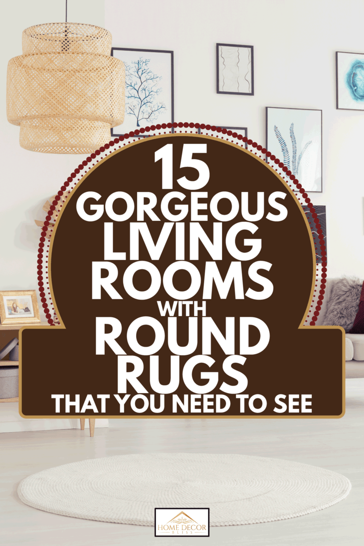 living room with framed posters, chandelier, and round rug in front of white armchair. 15 Gorgeous Living Rooms With Round Rugs That You Need To See