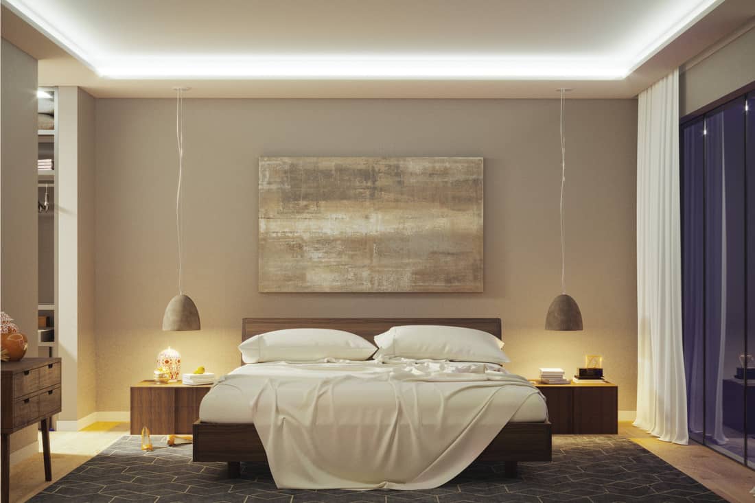 modern bedroom with women's shoes and a big closet. gentle, warm, ambient lighting