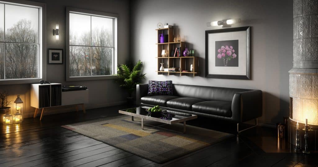ozy and elegant Scandinavian living room interior design with black couch