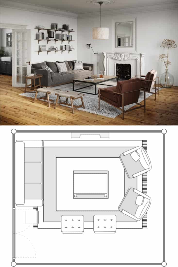 Intérieurs luxueux d'un salon avec canapé, fauteuils et cheminée