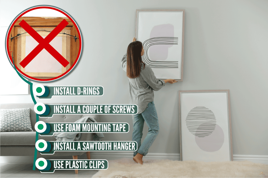 Woman hanging a photo frame on the living room wall, 5 Ways To Hang Picture Frames Without Wire