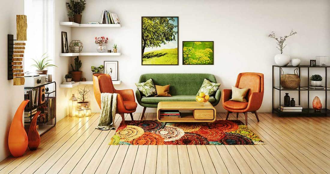70s style living room interior design with hardwood floor and framed pictures on wall