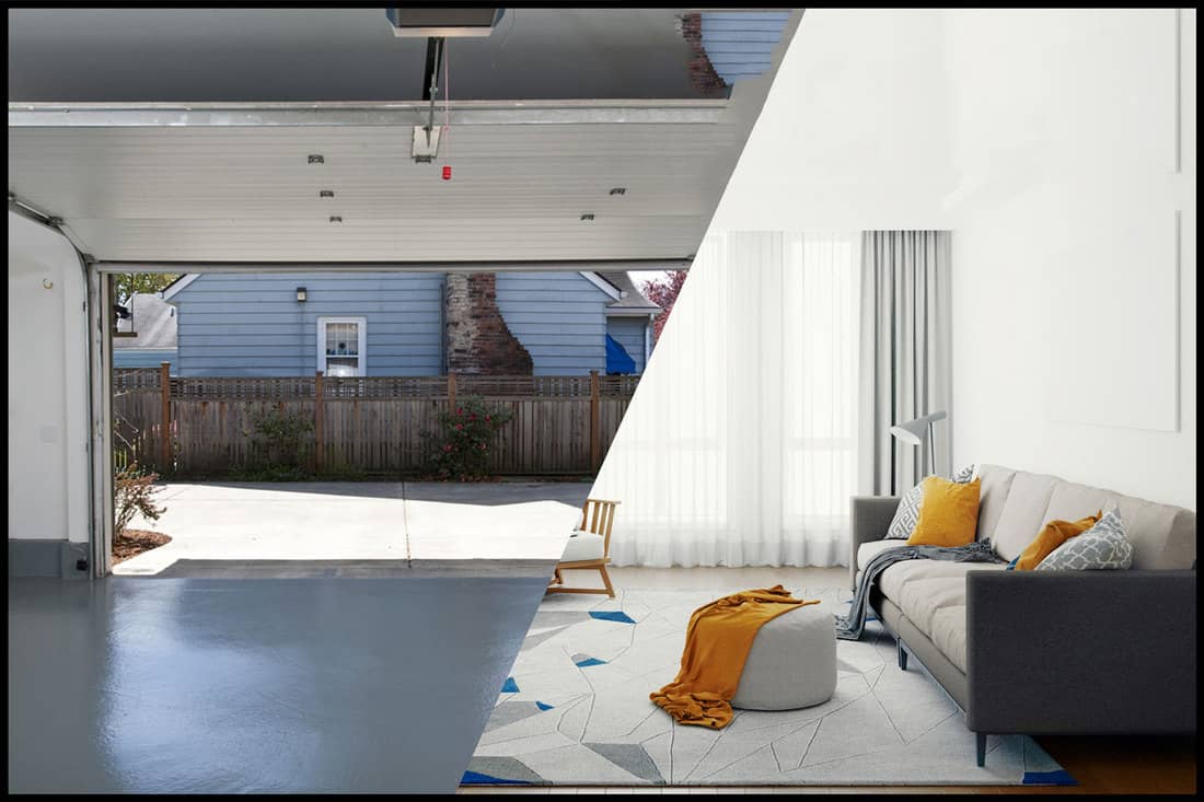 A collage of an empty garage and a modern living room, Can You Convert A Garage Into A Living Room? [Top Factors To Consider!]