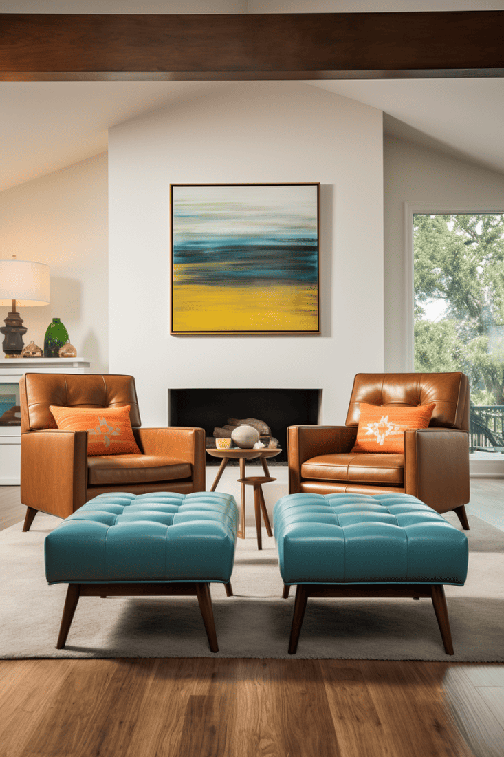A hyperrealistic living room scene with two matching comfortable chairs placed side by side, each with a coffee table within easy reach