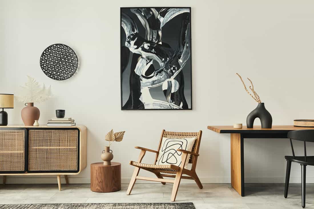 A painting hanged in a rustic inspired living room