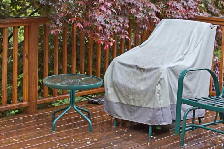 Rain wet wooden deck with a covered lawn chair and the drenched red canopy of a beautiful Japanese maple tree, Should You Cover Outdoor Furniture? [Breakdown By Season]