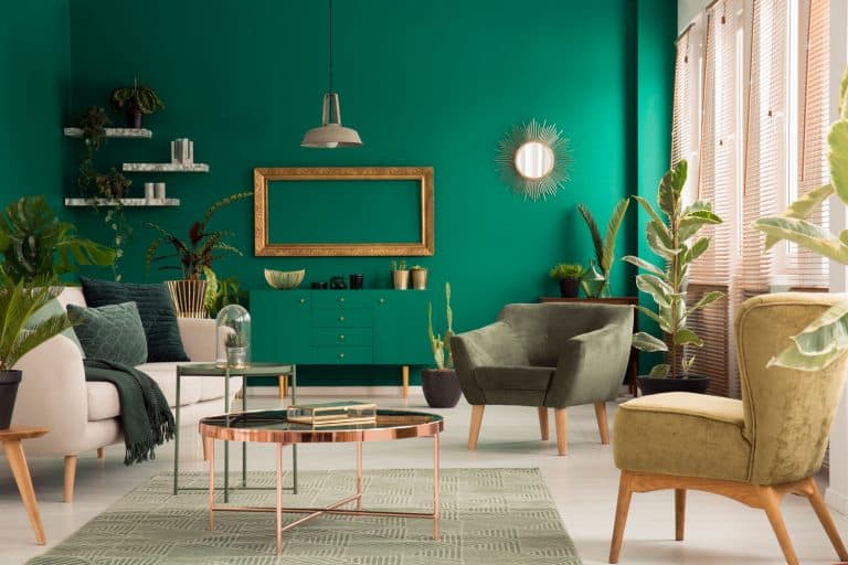 An emerald colored accent wall with wooden rustic inspired furniture's with a round bronze coffee table, 17 Elegant Emerald Green Living Room Ideas