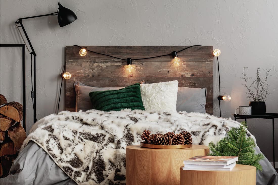 Christmas bedroom design with lights, spruce and cones. pine cones and branches