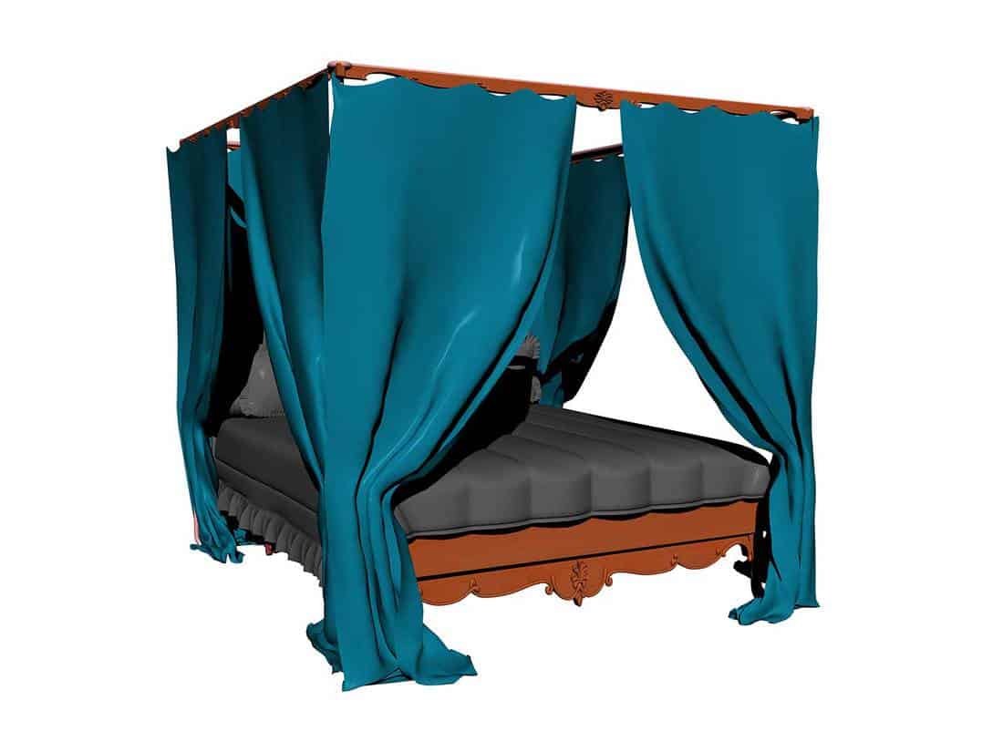 Four poster bed with canopy and blue towels