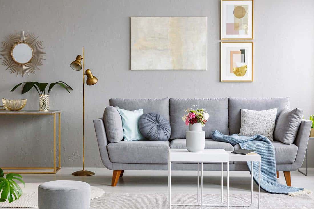 Gold mirror above shelf with plant in gray living room interior with sofa and flowers on table