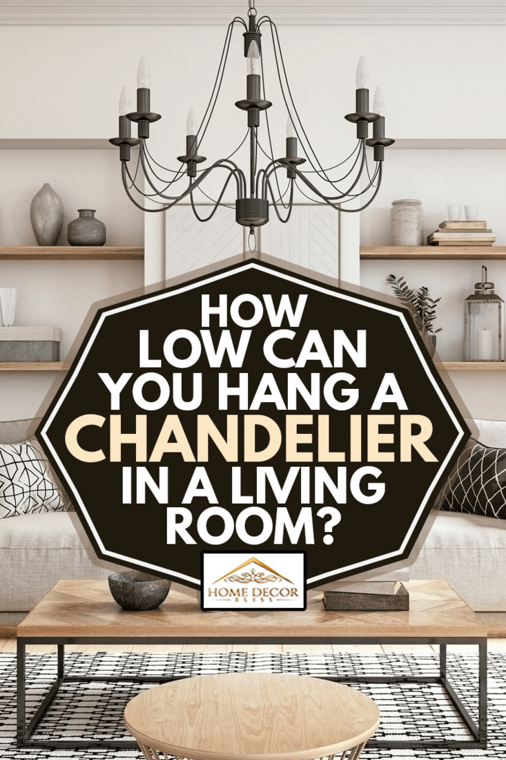 Salon de design d'intérieur scandinave avec des meubles de couleur beige et des éléments en bois, How Low Can You Hang A Chandelier In A Living Room?