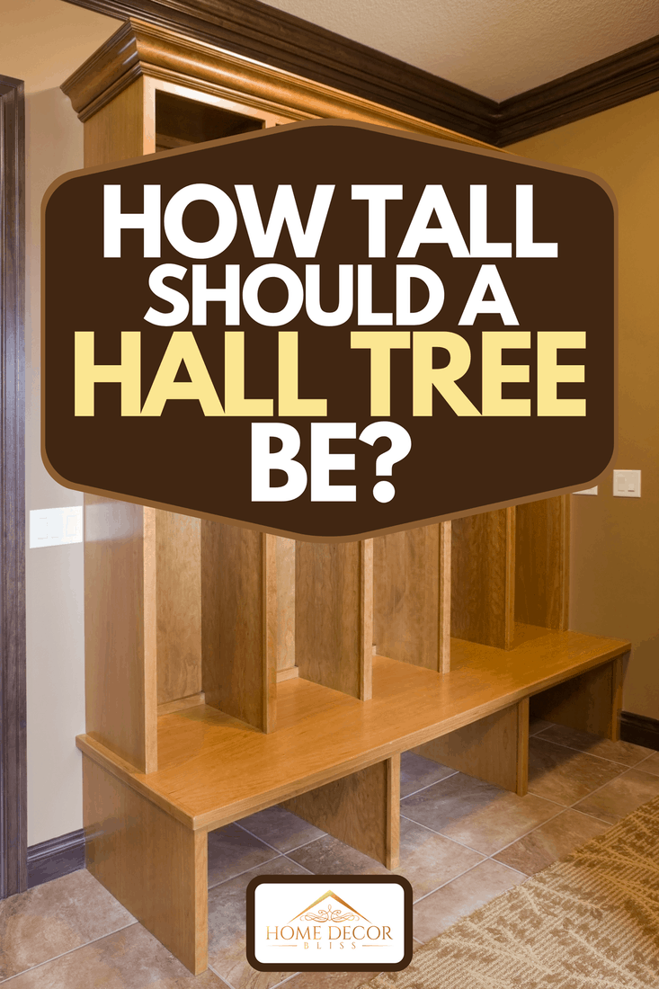 New cherry wood mudroom storage cabinet, with wicker baskets and a bench, in a home entry area, How Tall Should A Hall Tree Be?