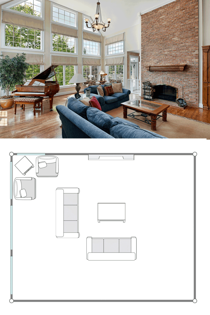 Huge interior of a living room with a rustic inspired design huge brick walled fr