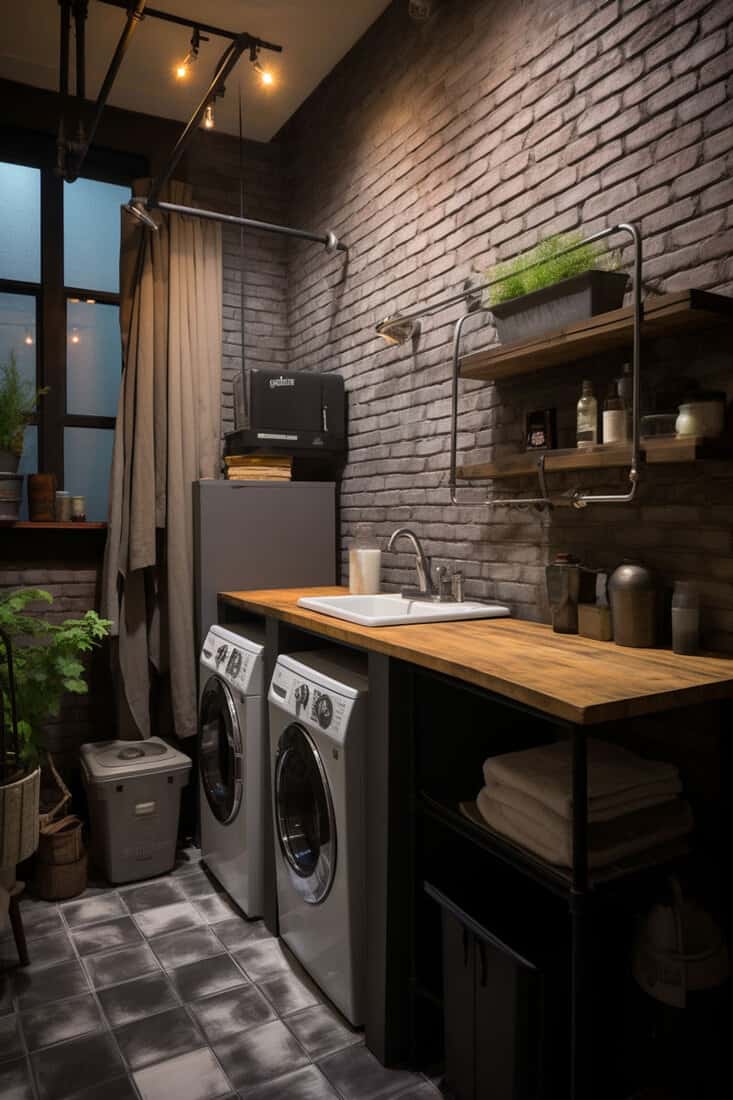 Semi-industrial laundry room featuring exposed pipes, brick floor, dark walls, a curtain concealing appliance side, miniature washboard on the wall, and distressed wood counter and shelves
