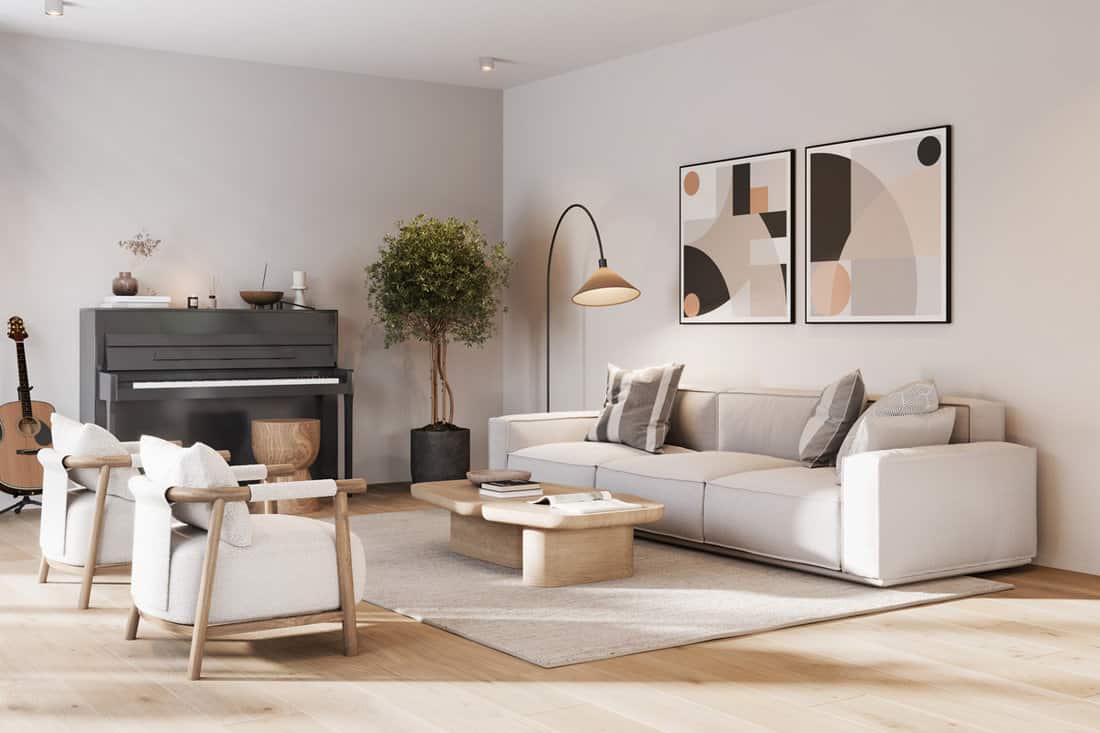 Interior of a minimalist and bohemian themed living room with walls painted in light gray and comfortable sofas