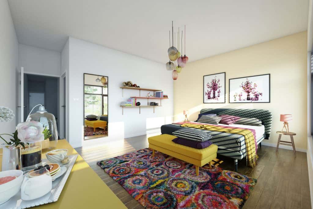 Interior of an ultra modern and eccentric bedroom with patterned beddings, colorful patterned rug, and dangling lamps