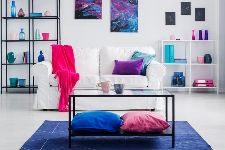 Interior of an ultra modern living room with a small white loveseat sofa and a small blue carpet on a glass coffee table, What Furniture Goes With Blue Carpet?